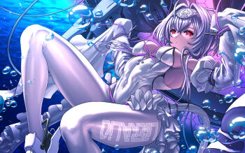 1girl ahoge air_bubble breasts bubble covered_navel detached_sleeves frills goddess_of_victory:_nikke hair_intakes highres liberalio_(nikke) looking_at_viewer medium_breasts pantyhose purple_hair red_eyes sleeves_past_fingers sleeves_past_wrists solo substance20 underwater white_pantyhose