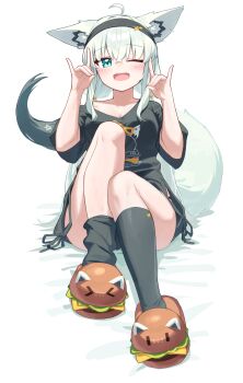 1boy 1girl ;d absurdres animal_ears black_shirt black_socks breasts cleavage commentary_request deaver double_fox_shadow_puppet fox_ears fox_girl fox_shadow_puppet fox_tail highres hololive long_hair looking_at_viewer medium_breasts one_eye_closed open_mouth pentagram shirakami_fubuki shirakami_fubuki_(loungewear) shirt simple_background smile socks tail thighs virtual_youtuber white_background white_hair