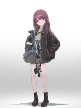 1girl absurdres ak-105 assault_rifle boots earrings expressionless full_body gun highres jacket jewelry kalashnikov_rifle long_hair looking_at_viewer oota_youjo open_clothes open_jacket original purple_eyes purple_hair rifle skirt solo weapon