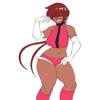 1girl 1shermieaday breasts curvy dark-skinned_female dark_skin earrings female_focus gloves heart jewelry large_breasts long_hair marellartt ponytail red_hair shermie_(kof) smile smiley_face standing tan the_king_of_fighters thick_thighs thighs tight_clothes twintails undersized_clothes wide_hips