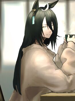 1girl absurdres ahoge animal_ears black_hair chair closed_mouth commentary_request cup ear_ornament earrings elbow_on_thigh english_text fujigaya_seizo grey_sweater hair_between_eyes hands_up highres holding holding_cup horse_ears horse_girl jewelry long_hair long_hair_between_eyes long_sleeves looking_at_viewer manhattan_cafe_(umamusume) multicolored_hair on_chair single_earring single_leg_warmer sitting smile solo steam steaming_cup sweater umamusume white_hair yellow_eyes