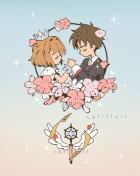 Rule 34 | 1boy, 1girl, artist name, black jacket, brown hair, califlair, cardcaptor sakura, closed eyes, collared shirt, couple, crown, falling petals, flower, grey background, hetero, holding hands, jacket, kinomoto sakura, kinomoto sakura (clear wings), li syaoran, mini crown, parted bangs, petals, pink flower, pink petals, puffy short sleeves, puffy sleeves, shirt, short hair, short sleeves, suit jacket, upper body, wand, white shirt, winged weapon