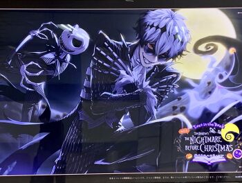 3boys aogiyuki black_crown crown diamond_hairband formal_clothes highres jack_skellington jacket long_sleeves male_focus missing_tooth multiple_boys pinstripe_jacket pinstripe_pattern pinstripe_suit pinstripe_vest round_eyewear short_hair skeleton_print skully_j._graves smile striped_clothes striped_jacket striped_vest suit the_nightmare_before_christmas twisted_wonderland vertical-striped_clothes vertical-striped_vest vest zero_(nbc)