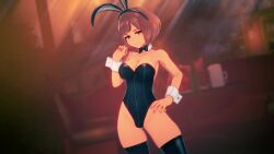 1girl 3d 60+fps animal_ears animated anna_anon bare_shoulders black_bow black_bowtie black_hair black_leotard black_thighhighs blunt_bangs blurry blurry_background booth_seating bottle bouncing_breasts bow bowtie breasts brown_eyes brown_hair commentary cup detached_collar ela_amano_(anna_anon) english_commentary fake_animal_ears gluteal_fold hand_on_own_hip hand_up highleg highleg_leotard highres indoors koikatsu_(medium) large_breasts leotard light_rays mug original parted_lips playboy_bunny rabbit_ears restaurant short_hair skindentation solo standing strapless strapless_leotard table tagme thighhighs traditional_bowtie video white_wrist_cuffs wine_bottle wrist_cuffs