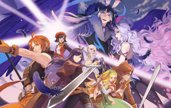 ahoge anita_(tales_weaver) armlet badge bare_shoulders belt black_collar black_dress black_gloves black_hair black_horns black_pants black_shirt black_sleeves blue_eyes blue_hair boris_jinneman braid breasts brown_belt brown_cape brown_capelet brown_coat brown_hair cape capelet cloe_da_pontina cloud coat collar collarbone collared_shirt commentary_request cropped_shirt crossed_belts curtained_hair double-parted_bangs dress feathers frown glasses glove_belt gloves gold_armlet green_dress green_hairband green_vest grey_eyes hair_between_eyes hairband half_up_braid hand_on_another&#039;s_chest high_collar highres holding holding_sword holding_weapon horns isolestie_(children_of_the_rune) ispin_charles jacket jewelry juliet_sleeves korean_commentary large_belt lipstick liv_anita long_hair long_sleeves makeup maximin_liebkne medium_breasts midriff multicolored_jacket multiple_belts necktie nergal_(tales_weaver) nexon official_art open_mouth orange_eyes orange_gloves orange_hair orange_pants pants parted_bangs plant ponytail puffy_sleeves purple_feathers purple_wings red_eyes red_jacket red_lips red_necktie round_eyewear sang_ah_yoon shirt shoulder_belt silver_legwear single_braid single_hair_streak sivelin_uuo sky sleeveless sleeveless_jacket sleeveless_shirt split_mouth straight_hair sword tales_weaver teeth tongue torn_clothes torn_shirt two-tone_jacket upper_teeth_only very_long_hair vest vines wavy_hair weapon white_hair white_jacket white_sleeves wing_collar wings