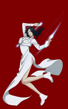 Rule 34 | 1girl, almightybuttcheeks, alternate hairstyle, alternate universe, arrow (projectile), black hair, bleach, bleach: epilogue, boots, bow (weapon), breasts, chain, commentary, cropped jacket, dress, english commentary, grey eyes, hair down, highres, holding, holding arrow, holding bow (weapon), holding weapon, jacket, kurosaki karin, long dress, medium breasts, quincy (bleach), red background, side slit, solo, weapon, white boots, white dress, white jacket