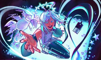 Rule 34 | 1boy, :d, ahoge, aqua eyes, black nails, black pantyhose, black sleeves, blue eyes, colored eyelashes, commentary, detached sleeves, dress, english commentary, fingernails, flower, floweringlark, grey hair, heterochromia, highres, huge ahoge, looking at viewer, male focus, mechanical pencil, nail polish, open mouth, outstretched arm, paint palette, pantyhose, pencil, smile, solo, star (symbol), teeth, tongue, usb tail, utatane piko, vocaloid, white dress