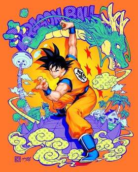 1boy animal_hands ankle_boots az_pt black_eyes black_hair blue_footwear blue_outline blue_sash blue_shirt boots bush capsule_corp car claws cliff closed_mouth clothes_writing cloud colorful copyright_name crack cracked_floor dated dougi dragon dragon_ball dragon_ball_(classic) dragon_ball_(object) dragon_claw dragon_horns dragonball_z eastern_dragon facing_viewer fighting_stance fingernails flying_nimbus foreshortening full_body grass green_scales grin hands_up highres horns house island kame_house kami's_lookout karin_tower looking_afar male_focus military_base motor_vehicle mountain muscular muscular_male namek no_pupils north_kaiou's_planet obi open_window orange_background orange_pants outline palm_tree pants path perspective planet polka_dot pop_art road rope sand sash scales shadow sharp_teeth shenron_(dragon_ball) shirt short_sleeves signature simple_background smile snake_way son_goku spiked_hair stairs standing star_(symbol) teeth tower tree undershirt veins veiny_arms whiskers window wristband