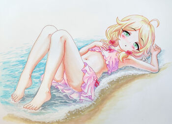 1girl ahoge arm_up armpits ass beach bikini bikini_skirt blonde_hair bow bow_bikini cameltoe child collarbone expressionless eyelashes feet female_focus fingernails flat_chest flower full_body green_eyes hair_flower hair_ornament half-closed_eyes heel_up highres idolmaster idolmaster_cinderella_girls idolmaster_cinderella_girls_u149 knees_up legs light_blush looking_at_viewer low_twintails lying marker_(medium) medium_hair midriff namco neck ocean on_back outstretched_arms parted_bangs parted_lips pink_bikini shore simple_background solmyr2000 stomach swimsuit thighs toenails toes traditional_media turning_head twintails water yusa_kozue