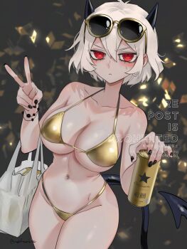 Rule 34 | 1girl, absurdres, bare shoulders, bikini, black nails, blush, breasts, can, demon, demon girl, demon horns, demon tail, eyewear on head, gold bikini, helltaker, highres, holding, holding can, horns, looking at viewer, malina (helltaker), navel, noah (tettsui-sole), peace, red eyes, salute, standing, sweat, swimsuit, tail, thighs, two-finger salute, white hair