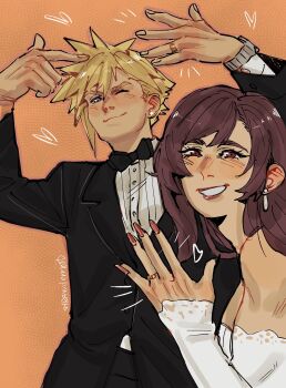 1boy 1girl artist_name bare_shoulders black_bow black_bowtie black_hair black_jacket blonde_hair blue_eyes blush bow bowtie bride brown_hair cloud_strife couple dress earrings final_fantasy final_fantasy_vii final_fantasy_vii:_advent_children groom hands_up heart hetero highres husband_and_wife jacket jewelry long_hair long_sleeves looking_at_viewer notice_lines one_eye_closed parted_lips photo-referenced pointing pointing_at_hand pointing_at_self red_eyes red_lips red_nails ring shirt short_hair simple_background single_earring smile spiked_hair strawderryst stud_earrings suit_jacket tifa_lockhart toned toned_female upper_body watch wedding_dress wedding_ring white_dress white_shirt wristwatch