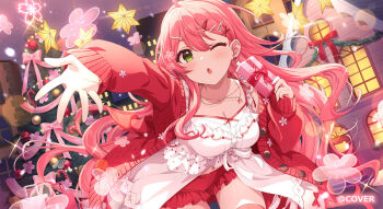 1girl ;o ahoge babydoll bow breasts cardigan christmas_tree cleavage commentary_request copyright_name double-parted_bangs earrings frilled_babydoll frilled_shorts frills front_slit gift green_eyes hair_between_eyes hair_bow holding holding_gift hololive house jewelry large_breasts long_hair looking_at_viewer mochipuyo_(canvas_mochi) navel necklace official_alternate_costume official_alternate_hairstyle official_art one_eye_closed open_mouth outstretched_arms red_cardigan red_shorts red_thighhighs sakura_miko sakura_miko_(loungewear) short_shorts shorts single_sidelock sleeves_past_wrists smile solo thighhighs virtual_youtuber white_babydoll