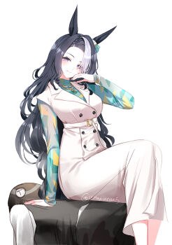 1girl animal_ears belt black_hair blue_shirt blush breasts closed_mouth dress horse_ears horse_girl horse_tail jewelry large_breasts long_hair long_sleeves looking_at_viewer mejiro_ramonu_(umamusume) mole mole_under_eye multicolored_hair necklace purple_eyes romi_(346_ura) shirt simple_background sitting smile solo streaked_hair tail umamusume white_background white_belt white_dress white_hair