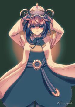 1girl belt belt_buckle black_dress black_hair bob_cut buckle closed_mouth coat dress eyelashes gloves gwynn_(pokemon) hat highres long_sleeves looking_at_viewer mochinokifuyu nintendo o-ring o-ring_belt open_clothes open_coat partially_fingerless_gloves pokemon pokemon_legends:_z-a purple_eyes short_hair simple_background smile solo twitter_username white_coat