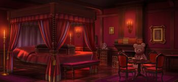 bed bedroom book candelabra candlestand canopy_bed chair character_doll chest_of_drawers coffin doll fireplace game_cg indoors no_humans non-web_source official_art picture_frame remilia_scarlet scarlet_devil_mansion scenery stuffed_animal stuffed_toy table teddy_bear touhou touhou_gensou_eclipse