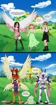 Rule 34 | 3girls, absurdres, armor, belt, darcmon, dianamon, digimon, digimon (creature), highres, mentalcrash, multiple girls, terriermon, transformation, wings