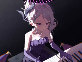 1girl absurdres black_halo blue_archive breasts demon_girl demon_horns demon_wings dress earrings elbow_gloves gloves grand_piano halo highres hina_(blue_archive) hina_(dress)_(blue_archive) horns instrument jewelry long_hair low_wings music necklace pendant piano playing_instrument playing_piano purple_dress purple_eyes purple_gloves sitting small_breasts solo user_nyew3447 white_hair wings