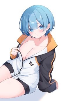 1girl blue_eyes blue_hair borrowed_clothes breasts cleavage collarbone commentary_request cosplay highres jacket multicolored_jacket mumei_rinnka natsuki_subaru natsuki_subaru_(cosplay) re:zero_kara_hajimeru_isekai_seikatsu rem_(re:zero) shadow short_hair solo sweat