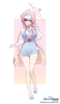 1girl amejaga bare_legs blue_archive blue_shoes blue_skirt braid breasts collared_shirt copyright_name full_body green_eyes halo hanako_(blue_archive) hand_up hashtag-only_commentary highres large_breasts long_hair long_sleeves looking_at_viewer name_tag necktie official_art pink_hair shirt shoes simple_background single_braid skirt smile solo standing two-tone_background very_long_hair visor_cap white_wrist_cuffs wrist_cuffs