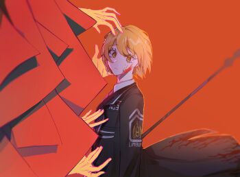 1girl black_jacket blonde_hair blood blood_on_clothes blood_on_face closed_mouth commentary don_quixote_(project_moon) formal_clothes holding jacket limbus_company m_ttl necktie project_moon red_background red_necktie shirt short_hair staff surrounded_by_hands yellow_eyes