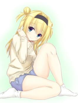 1girl adjusting_hair black_hairband blonde_hair blue_eyes blue_shorts blush chitose_sana closed_mouth commentary denim denim_shorts double-parted_bangs double_bun english_commentary eyes_visible_through_hair full_body gradient_background green_background hair_between_eyes hair_bun hair_intakes hairband hand_up head_tilt highres hirocchi legs long_hair long_sleeves looking_at_viewer no_shoes shirt shorts simple_background sitting smile socks solo tenshinranman textless_version thighs two_side_up white_background white_socks yellow_shirt