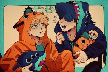 Rule 34 | 2boys, beam (chainsaw man), blonde hair, blush, border, chainsaw man, character doll, collarbone, commentary request, cosplay, crew neck, denji (chainsaw man), doll, extra eyes, film grain, green border, green shirt, grin, heart, heavy film grain, highres, holding, holding stuffed toy, kabeo x32, kigurumi, long sleeves, looking at another, male focus, multiple boys, open mouth, pochita (chainsaw man), red eyes, shark boy, shark head, sharp teeth, shirt, short sideburns, smile, stuffed animal, stuffed toy, teeth, tongue, tongue out, translation request, zipper