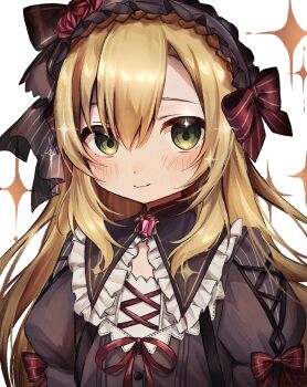 1boy black_dress black_hairband blonde_hair bow brooch closed_mouth collar crossdressing crossdressing_(mtf) dress egg_loveforever frilled_collar frilled_dress frilled_hairband frills gem green_eyes hair_between_eyes hairband hashtag-only_commentary highres jewelry looking_at_viewer male_focus nijisanji red_bow red_gem side_part smile solo trap upper_body uzuki_kou uzuki_kou_(4th_costume)