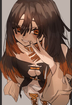 Rule 34 | 1girl, amo empool, breasts, brown hair, cleavage, corset piercing, foreshortening, from above, gachiakuta, godouyu (neisukun), hair between eyes, highres, long hair, looking at viewer, orange eyes, orange hair, orange ribbon, panties, ribbon, solo, underwear, white panties