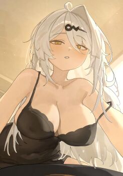 1girl ahoge arch_05x bare_shoulders black_negligee breasts commentary covered_erect_nipples covered_navel english_commentary from_below hair_ornament hairpin half-closed_eyes highres indoors large_breasts long_hair looking_at_viewer off_shoulder parted_lips single_hair_intake solo white_hair yellow_eyes yixuan_(zenless_zone_zero) zenless_zone_zero