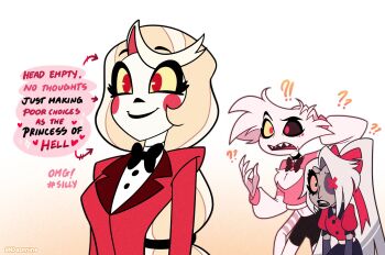 1boy 2girls angel_dust black_bow black_bowtie black_sclera black_shorts black_skirt blonde_hair blush_stickers body_fur bow bowtie charlie_morningstar cleavage_cutout clothing_cutout colored_sclera colored_skin cowboy_shot dark-skinned_female dark_skin demon_girl english_text extra_arms formal_clothes furry furry_male hair_bow hazbin_hotel heart_cutout hellaverse highres long_hair long_sleeves multicolored_hair multiple_girls qnjazmine red_bow red_eyes red_shirt sharp_teeth shirt shorts skirt smile suit teeth two-tone_hair upper_teeth_only vaggie white_fur white_hair yellow_sclera