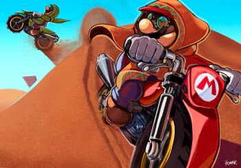Rule 34 | 2boys, cape, desert, facial hair, goggles, hat, homartsimpleton, hood, hoodie, illumination entertainment, luigi, mario, mario (series), motor vehicle, motorcycle, multiple boys, mustache, nintendo, poncho, pyramid, riding, the super mario galaxy movie, universal studios