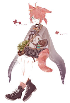 1girl ahoge animal_ears arknights bag bandaged_leg bandages black_shoes black_skirt boots bow brown_bow brown_gloves cape choker closed_mouth commentary_request fox_ears fox_girl fox_tail frilled_skirt frills full_body glasses gloves green_eyes grey_cape hair_bow hair_over_one_eye highres holding id_card looking_at_viewer mugioec myrrh_(arknights) ponytail red_hair shirt shoes short_hair short_ponytail shoulder_bag simple_background sitting skirt smile socks solo tail test_tube thigh_strap vial white_background