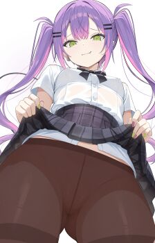 1girl absurdres alternate_costume black_bow black_bowtie black_pantyhose black_skirt bow bowtie breasts closed_mouth clothes_lift collared_shirt colored_inner_hair commentary_request demon_girl demon_tail double-parted_bangs earrings fang gluteal_fold gradient_hair green_eyes green_nails hair_between_eyes hair_ornament hairclip high-waist_skirt highres hololive jewelry long_hair looking_at_viewer miniskirt multicolored_hair nail_polish nekonosuke paid_reward_available pantyhose parallel_hairclips pink_hair plaid_clothes plaid_skirt pleated_skirt pointy_ears purple_hair purple_nails shirt shirt_tucked_in short_sleeves simple_background skirt skirt_lift small_breasts smile solo tail tokoyami_towa twintails upskirt virtual_youtuber white_background white_shirt