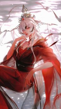 1girl absurdres alternate_costume black_sash breasts chinese_commentary cleavage commentary crossed_bangs dress eyeliner feet_out_of_frame from_side green_eyes hair_between_eyes half_updo heterochromia highres invisible_chair long_hair looking_at_viewer makeup mole mole_on_nose multicolored_hair nail_polish oak_casket_(path_to_nowhere) off_shoulder path_to_nowhere purple_eyes qingci red_dress red_eyeliner red_nails reflection reflective_liquid ripples sash sitting solo streaked_hair three-quarter_sleeves very_long_hair white_hair