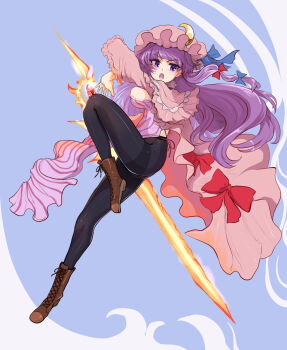 Rule 34 | 1girl, :o, black bow, black bowtie, black pants, blue background, blue bow, blunt bangs, boots, bow, bowtie, breasts, brown boots, capelet, cleavage, commentary, crescent, crescent hat ornament, crystal, double bun, english commentary, fighting stance, fire, flaming sword, flaming weapon, floating clothes, floating hair, frilled capelet, frilled tabard, frills, hair bow, hair bun, hat, hat bow, hat ornament, highres, jacket, large breasts, long hair, long sidelocks, long sleeves, low-tied sidelocks, midair, mob cap, namiki (remiter00), open mouth, pants, patchouli knowledge, pink capelet, pink hat, pink jacket, purple eyes, purple hair, purple tabard, pyrokinesis, red bow, sidelocks, simple background, solo, striped clothes, sword, tabard, touhou, v-shaped eyebrows, very long hair, weapon, wide sleeves