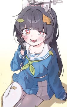 absurdres animal_ears black_hair blood blue_archive blue_dress commentary_request crying dress halo hand_on_own_face highres korean_commentary leaf leaf_on_head long_hair looking_at_viewer miyu_(blue_archive) nosebleed open_mouth rabbit_ears red_eyes school_uniform simple_background slap_mark slap_mark_on_face thighhighs ttubbip white_thighhighs