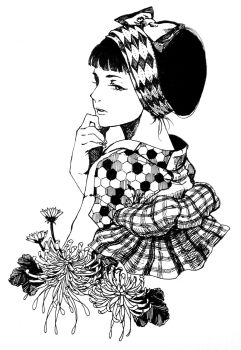 1girl ameishi ballpoint_pen_(medium) bandana commentary_request cropped_torso flower from_side greyscale hand_on_own_chest hand_on_own_chin hatching_(texture) highres japanese_clothes kimono monochrome nose original parted_lips pen_(medium) profile short_hair simple_background solo spider_lily stroking_own_chin traditional_media white_background yukata