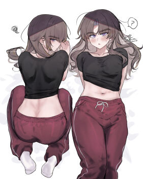 1boy ? absurdres all_fours ayase_ayato_(imamiya_pinoko) blush brown_hair highres imamiya_pinoko long_hair lying male_focus midriff on_back original pants squiggle stomach thick_eyebrows track_pants trap