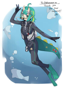 1girl ahoge black_gloves black_wetsuit blue_background blush bodysuit bone_hair_ornament border center-flap_bangs chio_chompi commentary_request commission dinosaur_girl dinosaur_tail diving_suit english_text fading_border flippers full_body gloves goggles green_eyes green_hair hair_bobbles hair_intakes hair_ornament hairclip highres horns looking_at_viewer mask medium_hair multicolored_hair pa._(tatuya28001) parallel_hairclips pixellink pointy_ears respirator scuba_gear scuba_tank shark sidelocks skeb_commission skin-covered_horns solo streaked_hair tail underwater virtual_youtuber w watermark wetsuit white_border