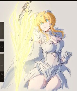 1girl ahoge artoria_pendragon_(fate) artoria_pendragon_(lancer)_(fate) blonde_hair breasts caitoayu cape cleavage dress fate/grand_order fate_(series) gauntlets green_eyes holding holding_sword holding_weapon light_frown looking_at_viewer medium_hair parted_lips sketch solo sword thighs twintails weapon