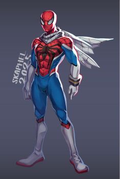 1boy blue_bodysuit bodysuit boots commentary english_commentary grey_background male_focus marvel red_bodysuit red_mask scarf simple_background skaphel solo spider-man spider-man_(series) spider-man_(toei) spider-verse white_boots white_scarf