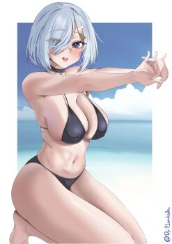 1girl absurdres beach bikini black_bikini blue_eyes blue_sky blush border breasts cloud day dr.plankton grey_hair hair_ornament hair_over_one_eye hairclip hamakaze_(kancolle) highres horizon kantai_collection large_breasts looking_at_viewer ocean open_mouth outdoors short_hair sky solo swimsuit twitter_username white_border