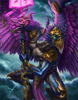 1boy absurdres armor beak bird_legs blue_skin bmurphy book bracelet chaos_(warhammer) cloud cloudy_sky colored_skin commentary demon english_commentary feathered_wings feathers gem glowing glowing_eyes gold_armor gold_bracelet gold_headdress gold_necklace gold_trim green_eyes green_gemstone grimoire highres holding holding_scepter holding_weapon jewelry kairos_fateweaver_(warhammer) lightning lord_of_change necklace open_mouth pelvic_curtain red_eyes ring scepter sharp_tongue sky solo tongue tongue_out total_war total_war:_warhammer total_war:_warhammer two-headed_bird warhammer_40k warhammer_fantasy weapon wings