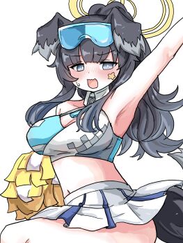 1girl animal_ears black_hair blue_archive blush breasts cheerleader commentary_request dog_ears dog_girl dog_tail goggles goggles_on_head halo hibiki_(blue_archive) hibiki_(cheer_squad)_(blue_archive) highres holding holding_pom_poms long_hair looking_at_viewer millennium_cheerleader_outfit_(blue_archive) official_alternate_costume open_mouth pom_pom_(cheerleading) pom_poms simple_background skirt solo star_(symbol) star_sticker sticker sticker_on_face tachikaze_miyako tail white_background yellow_halo