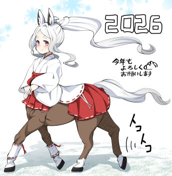 1girl 2026 animal_ears blush centaur chinese_zodiac closed_mouth commentary_request flat_chest full_body garoudo_(kadouhan'i) hakama hakama_skirt hooves horse_ears horse_tail japanese_clothes kimono long_hair looking_at_viewer miko monster_girl multiple_legs original own_hands_together parted_bangs ponytail purple_eyes red_hakama ribbon-trimmed_sleeves ribbon_trim shadow short_eyebrows sidelocks skirt smile solo standing tail taur thick_eyebrows translation_request walking white_hair white_kimono wide_sleeves year_of_the_horse