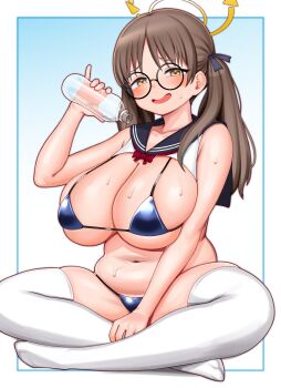 1girl belly bikini black-framed_eyewear blue_archive blue_bikini blue_ribbon blush bottle breasts brown_hair cleavage crossed_legs detached_collar glasses hair_ribbon halo holding holding_bottle huge_breasts indian_style long_hair moe_(blue_archive) navel oozon_(ozon) open_mouth pinky_out plastic_bottle plump pouring pouring_onto_self ribbon round_eyewear sailor_collar sitting smile solo swimsuit thighhighs twintails water_bottle wet white_thighhighs yellow_eyes