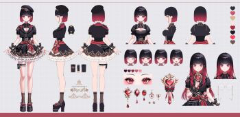 1girl absurdres artist_request black_dress black_hair black_shoes breasts cleavage closed_eyes color_guide dress glasses gradient_hair highres indie_virtual_youtuber long_hair multicolored_hair multiple_expressions multiple_views official_alternate_hair_length official_alternate_hairstyle pink_eyes pink_hair rayray_429 reference_sheet second-party_source shoes short_hair sparkling_eyes virtual_youtuber