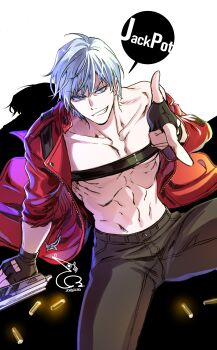 1boy absurdres baehee5502 blue_eyes coat dante_(devil_may_cry) dated devil_may_cry devil_may_cry_(series) devil_may_cry_3 ebony_&amp;_ivory fingerless_gloves gloves gun highres holding holding_gun holding_weapon looking_at_viewer no_shirt pants red_coat shell_casing signature smirk two-tone_background weapon white_hair