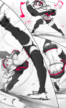 1girl :o absurdres ass bandaged_hand bandages black_shorts breasts capoeira cleavage cropped_jacket dancing goggles goggles_on_head greyscale handstand highres legs_apart light_blush long_sleeves medium_breasts midriff monochrome motion_blur motion_lines musical_note niwamaru_(niwarhythm) niwarhythm one_arm_handstand original pink_eyes shiny_skin short_shorts shorts smile solo sweat thick_thighs thighs underboob white_footwear
