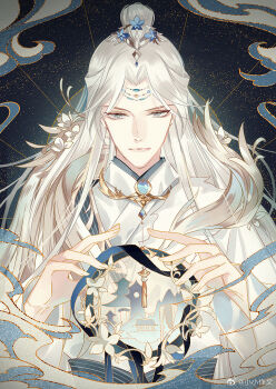 Rule 34 | 1boy, black background, black ribbon, blue flower, blue gem, brooch, building, chinese clothes, chinese commentary, closed mouth, commentary request, curtained hair, facing viewer, feisheng cong kaoshi kaishi, flower, flower wreath, fur trim, gem, grey eyes, hair flower, hair ornament, hands up, hanfu, head chain, house, jewelry, light smile, lips, long hair, long sleeves, looking at object, mountain, neck tassel, parted bangs, ribbon, robe, smoke, solo, straight-on, sunburst, tassel, topknot, upper body, watermark, weibo watermark, white flower, white hair, white hanfu, white robe, wide sleeves, xiao xiao zuowen